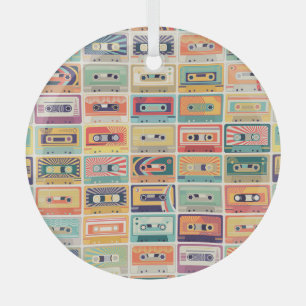 Retro Cassette Tapes Vintage Pattern. Glass Tree Decoration