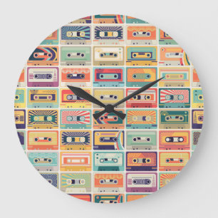 Retro Cassette Tapes Vintage Pattern. Large Clock