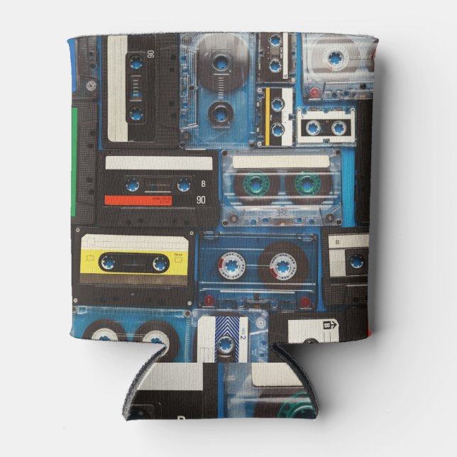Retro Cassettes: Blue Background Vintage. Can Cooler (Front)