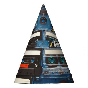 Retro Cassettes: Blue Background Vintage. Party Hat
