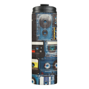 Retro Cassettes: Blue Background Vintage. Thermal Tumbler