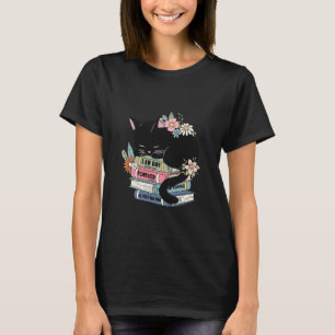 Retro Cat and Books Floral Librarian Reading Tee