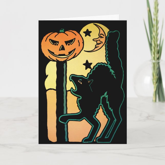 Retro Cat and Pumpkin Halloween Card (Front)