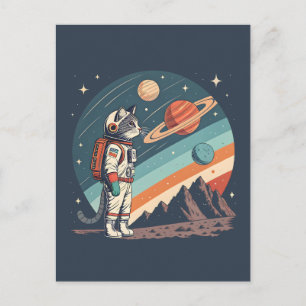 Retro Cat Astronaut Cosmic Space Illustration Holiday Postcard