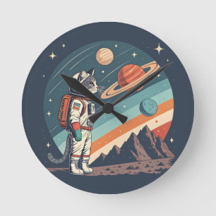 Retro Cat Astronaut Cosmic Space Illustration Round Clock