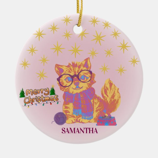 Retro Cat Ceramic Christmas Ornament (Front)