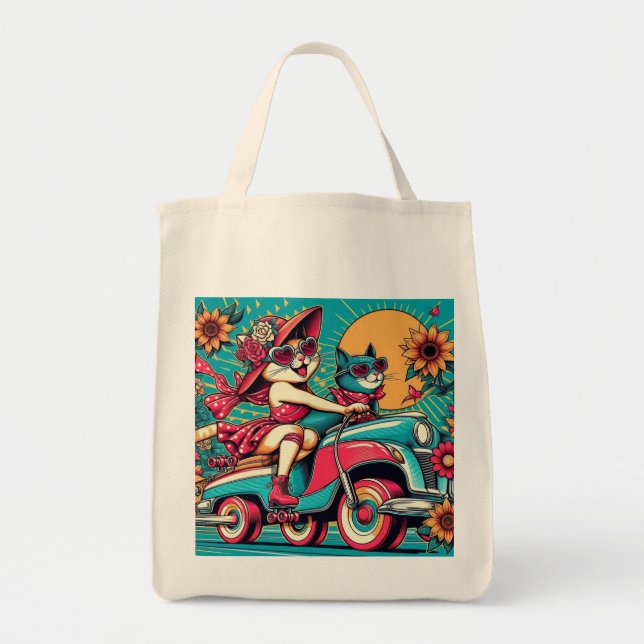 Retro Cat Driving Tote Bag (Front)