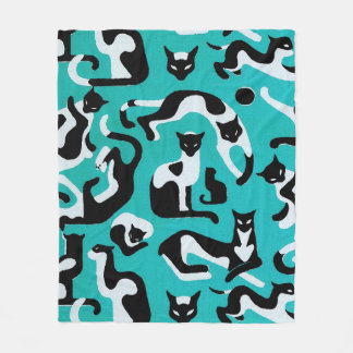 Retro cat fleece blanket, pattern aqua black white