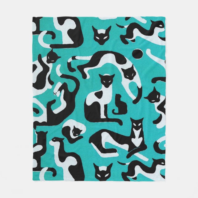 Retro cat fleece blanket, pattern aqua black white blanket (Front)