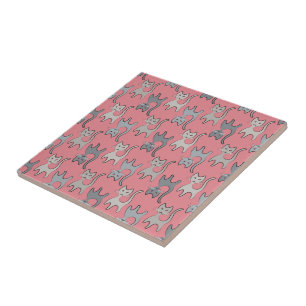 Retro Cat Graphic Pattern Grey Ceramic Tile
