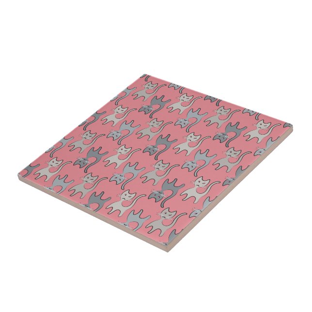 Retro Cat Graphic Pattern Grey Ceramic Tile (Side)