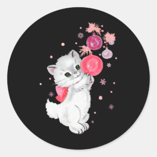 Retro Cat Kitten Plays With Pink Christmas Ornamen Classic Round Sticker
