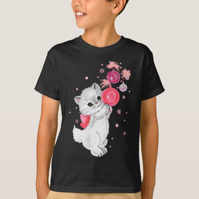 Retro Cat Kitten Plays With Pink Christmas Ornamen T-Shirt (Front)