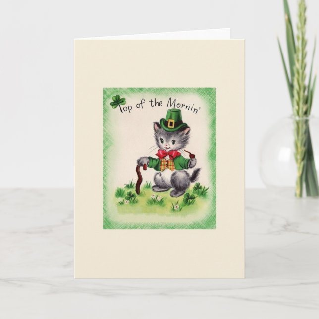 Retro Cat Leprechaun St. Patrick's Day Card (Front)