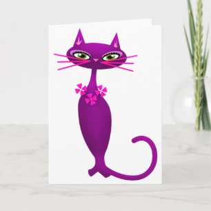 Retro cat mid century cute girly purple pink card