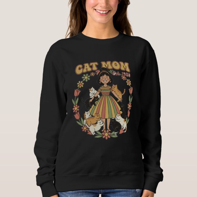 Retro Cat Mom Flower Circle Design Black  Sweatshirt (Front)