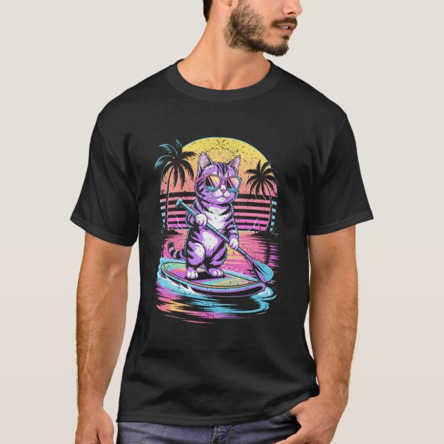 Retro Cat Paddleboarding Sunset 80s Synthwave Feli T-Shirt (Front)