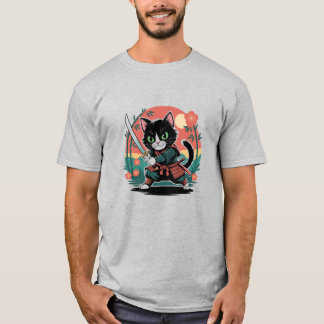 Retro Cat Samurai Japanese Warrior Art T-Shirt