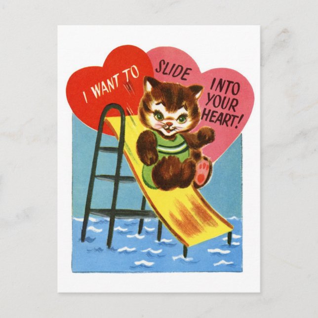 Retro Cat Sliding Into Your Heart Valentine Postcard (Front)
