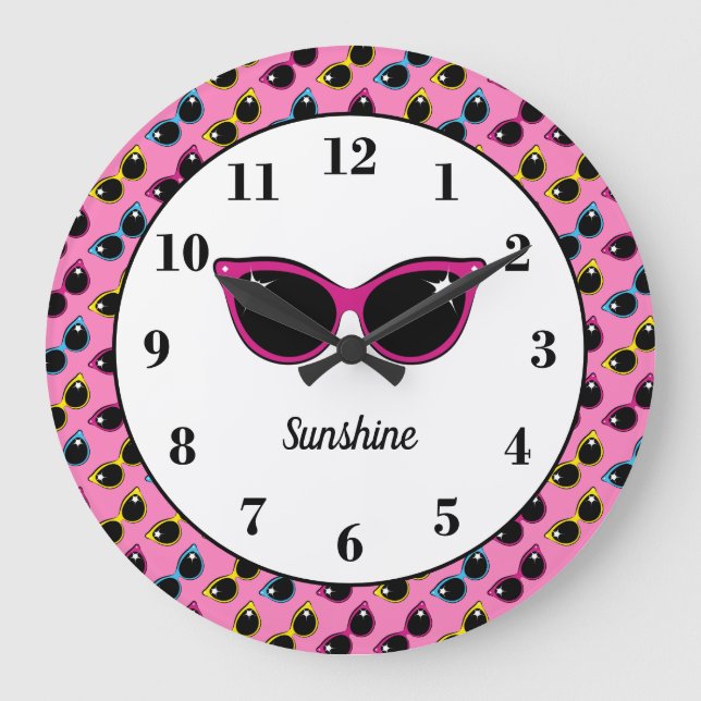 Retro Cat Sunglasses Pattern Pink Personalised Large Clock (Front)