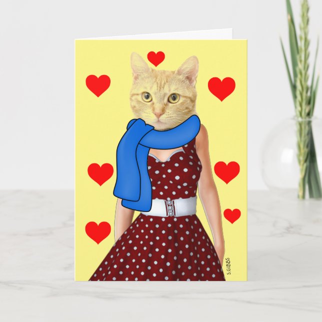 RETRO CAT WEARING A DRESS GIRLFRIEND BIRTHDAY CARD (Front)