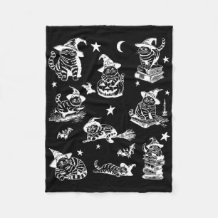 Retro Cat Witch Halloween Cat Pumpkin Salem Witch Fleece Blanket