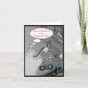 retro cat with aluminium christmas tree holiday card