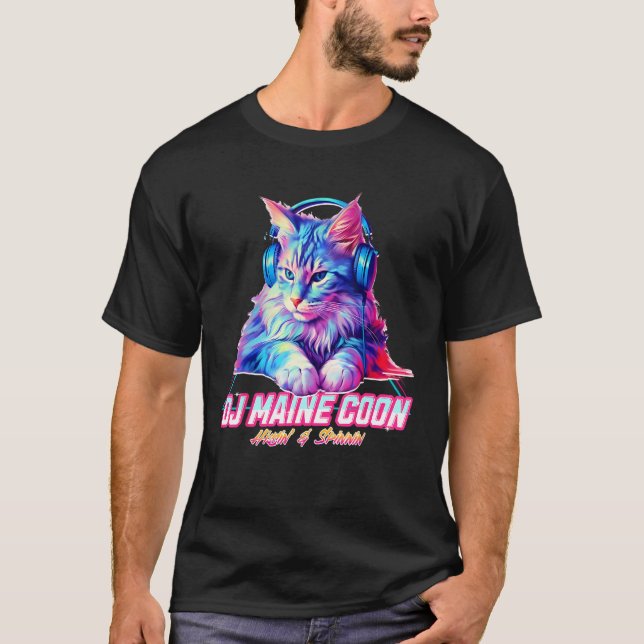 Retro Cat with Headphones  Music DJ Maine Coon Cat T-Shirt (Front)