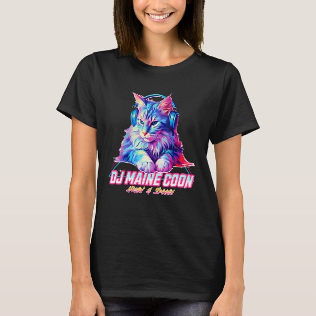 Retro Cat with Headphones  Music DJ Maine Coon Cat T-Shirt (Front)