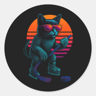 Retro Cat With Ice Stick Ice Hockey Player Classic Round Sticker