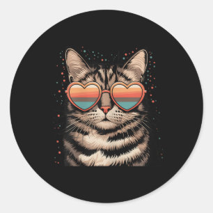 Retro Cat With Sungles Heart Love Cute Cat Valenti Classic Round Sticker