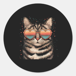 Retro Cat With Sungles Heart Love Cute Cat Valenti Classic Round Sticker