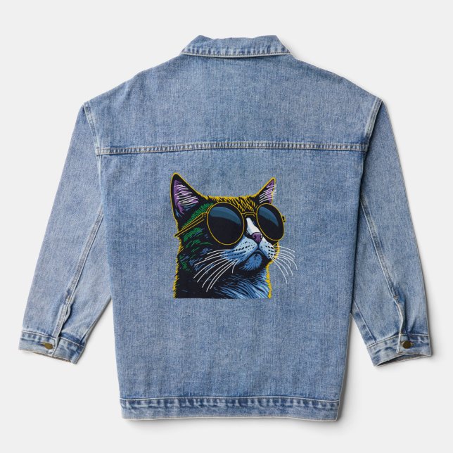 Retro Cat: Yellow Glasses Charm Denim Jacket (Back)