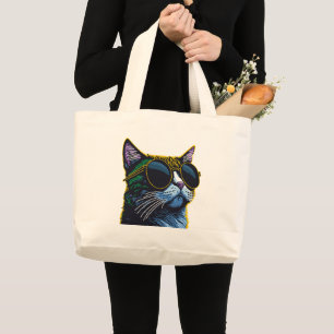 Retro Cat: Yellow Glasses Charm Large Tote Bag