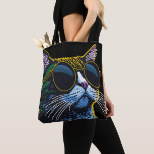 Retro Cat: Yellow Glasses Charm Tote Bag