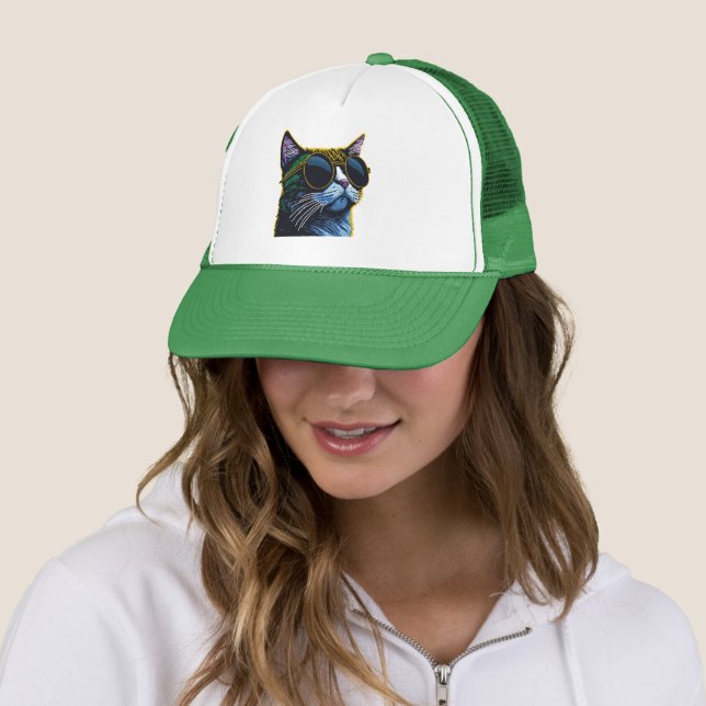 Retro Cat: Yellow Glasses Charm Trucker Hat (In Situ)