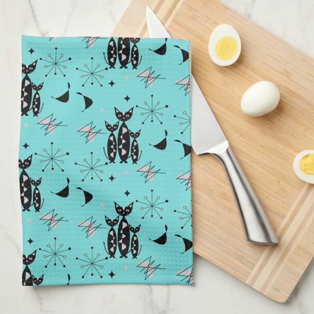 Retro Cats Atomic Starburst Modern Mid Century Kit Tea Towel (Quarter Fold)