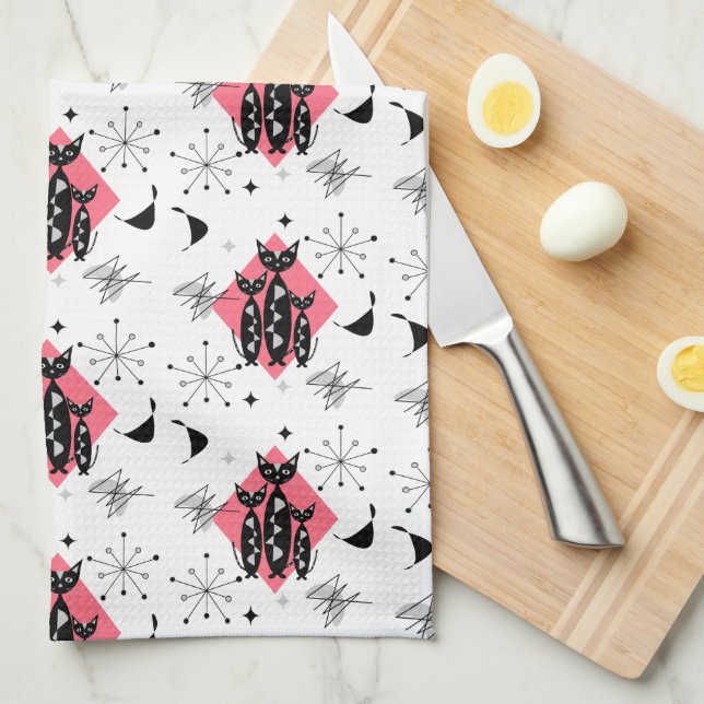 Retro Cats Atomic Starburst Modern Mid Century Tea Towel (Quarter Fold)