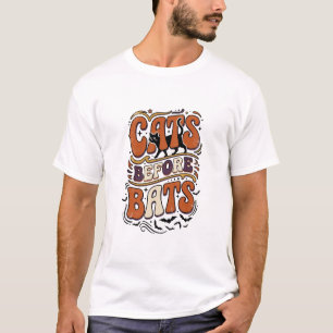 Retro Cats Before Bats Typography Black Halloween T-Shirt