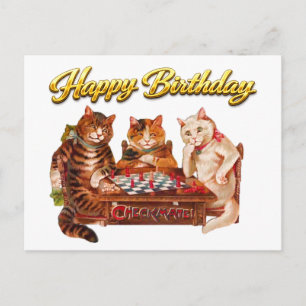 Retro Cats Checkmate Playing Chess Happy Birthday Postcard