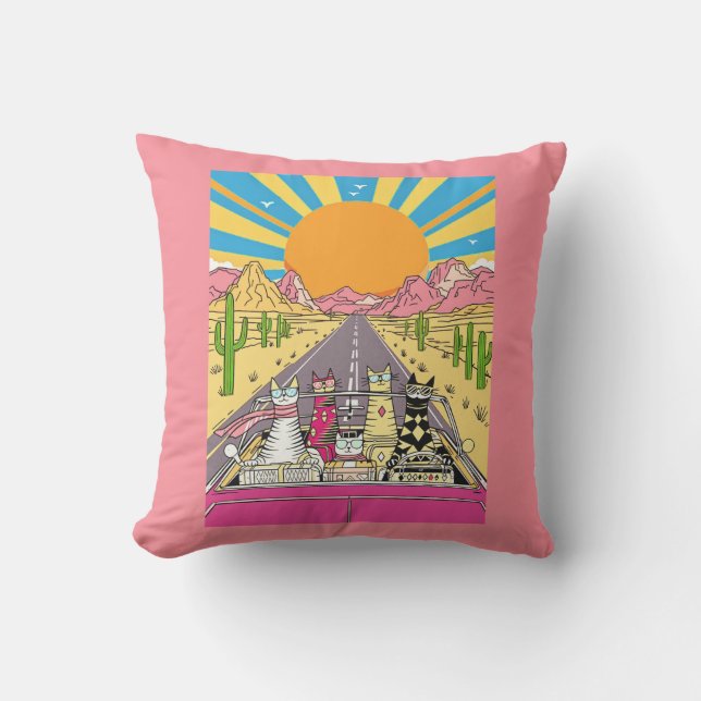 Retro Cats on Vacation Take a Road Trip Cushion (Front)