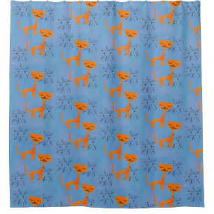 Retro cats & starburst on blue background shower curtain