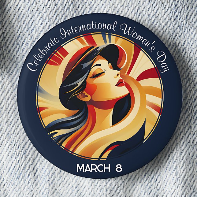 Retro Celebrate International Women's Day 6 Cm Round Badge (Navy Blue Celebrate International Women's Day March 8 pinback button.)