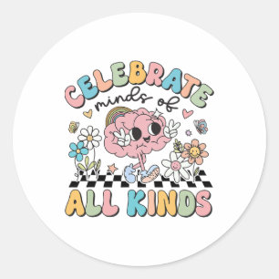 Retro Celebrate Minds Of All Kind Cute Brain Autis Classic Round Sticker