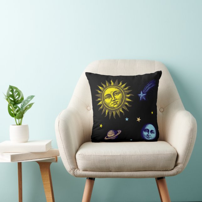 Retro Celestial Art Sun Moon Stars Planet Comet Cushion (Chair)
