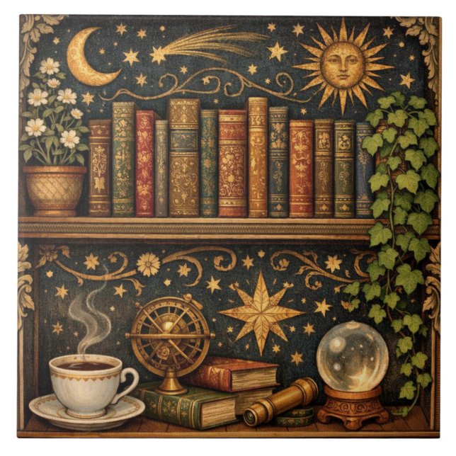 Retro celestial bookshelf book coffee lover ceramic tile (Front)