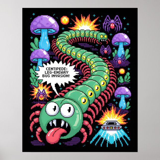 Retro Centipede Arcade Pixel Art Wall Art (Front)