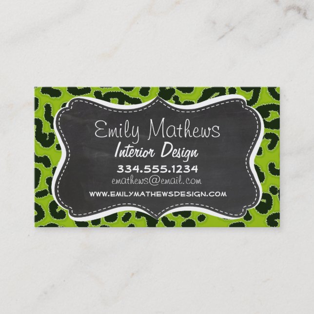 Retro Chalkboard; Apple Green Leopard Animal Print Business Card (Front)