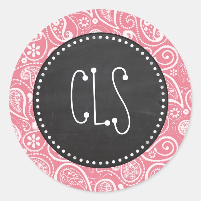 Retro Chalkboard; Blush Pink Paisley; Floral Classic Round Sticker (Front)
