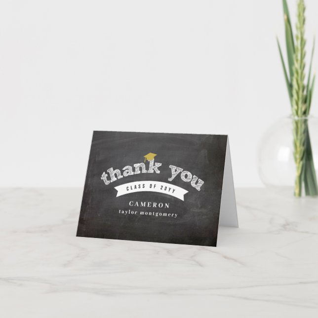 Retro Chalkboard Sketch Photo Graduation Cap Grad Thank You Card (Front)